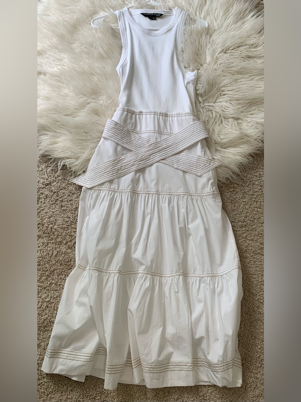 Veronica Beard Austyn Ribbed Belted Midi Dress White Size XS